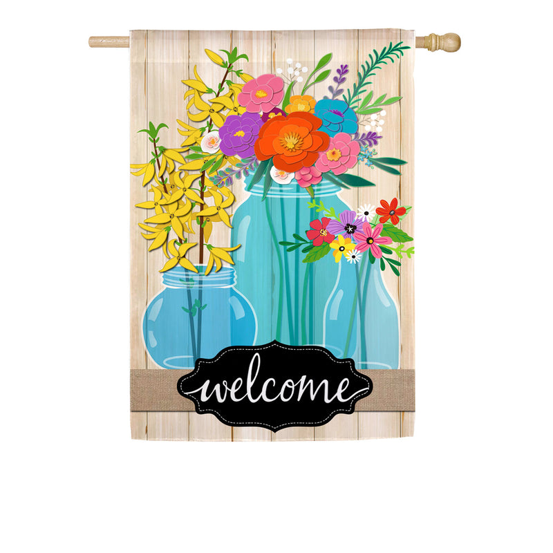 Blue Glass Floral Welcome House Linen Flag,13l9582bl