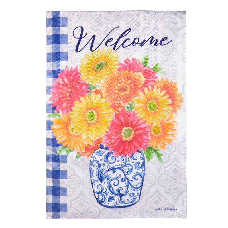 Welcome Gerberas in Vase Moire House Flag,13m11373