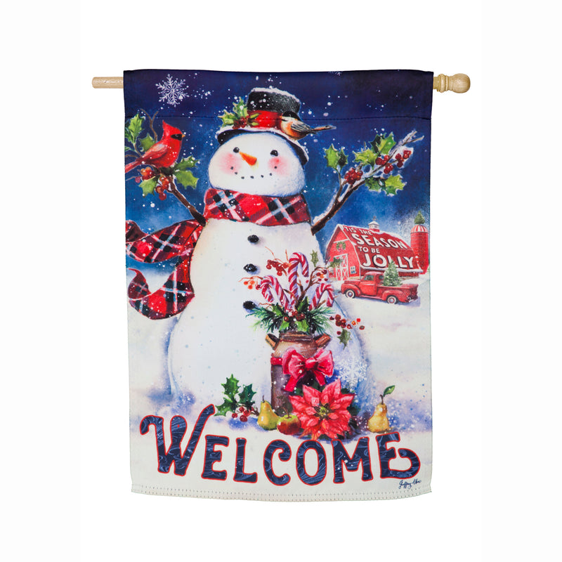 Evergreen Flag,Christmas Barn Snowman House Suede Flag,28x44x0.2 Inches