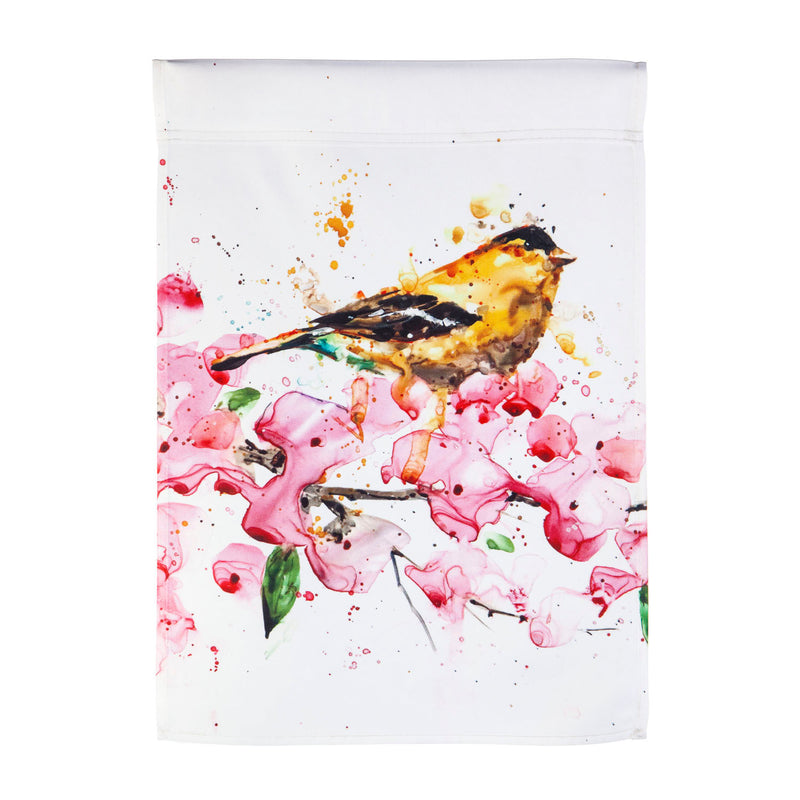 Goldfinch and Cherry Blossoms Garden Satin Flag, 18"x12.5"inches