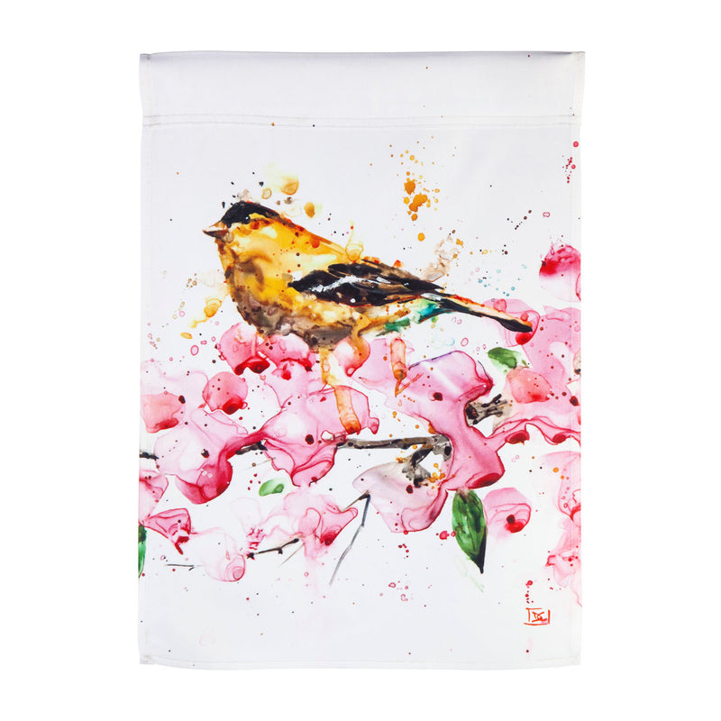 Goldfinch and Cherry Blossoms Garden Satin Flag, 18"x12.5"inches