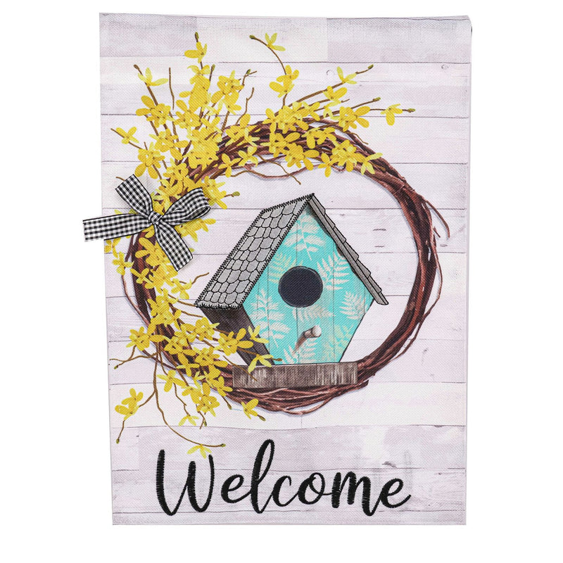 Forsythia and Birdhouse Wreath Garden Burlap Flag,14b10182