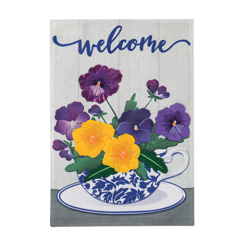 Pansy Teacup Garden Burlap Flag,14b10204