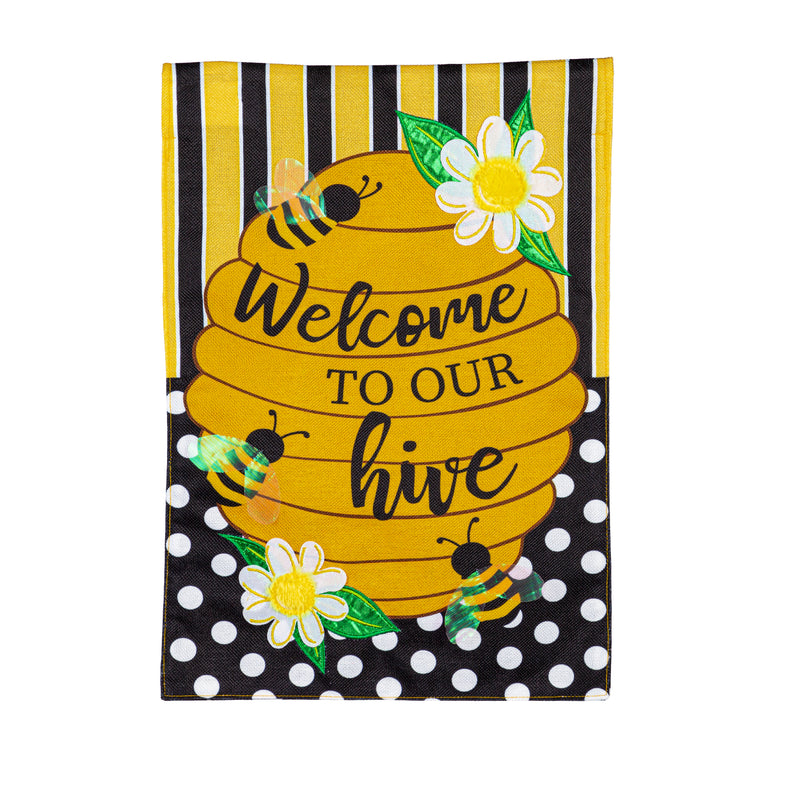 Evergreen Flag,Welcome to our Hive Stripes and Dots Garden Burlap Flag,12.5x0.2x18 Inches