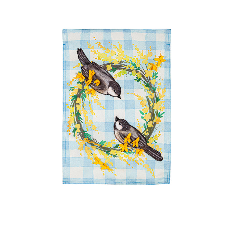 Forsythia & Chickadees Linen Garden Flag,14l11495