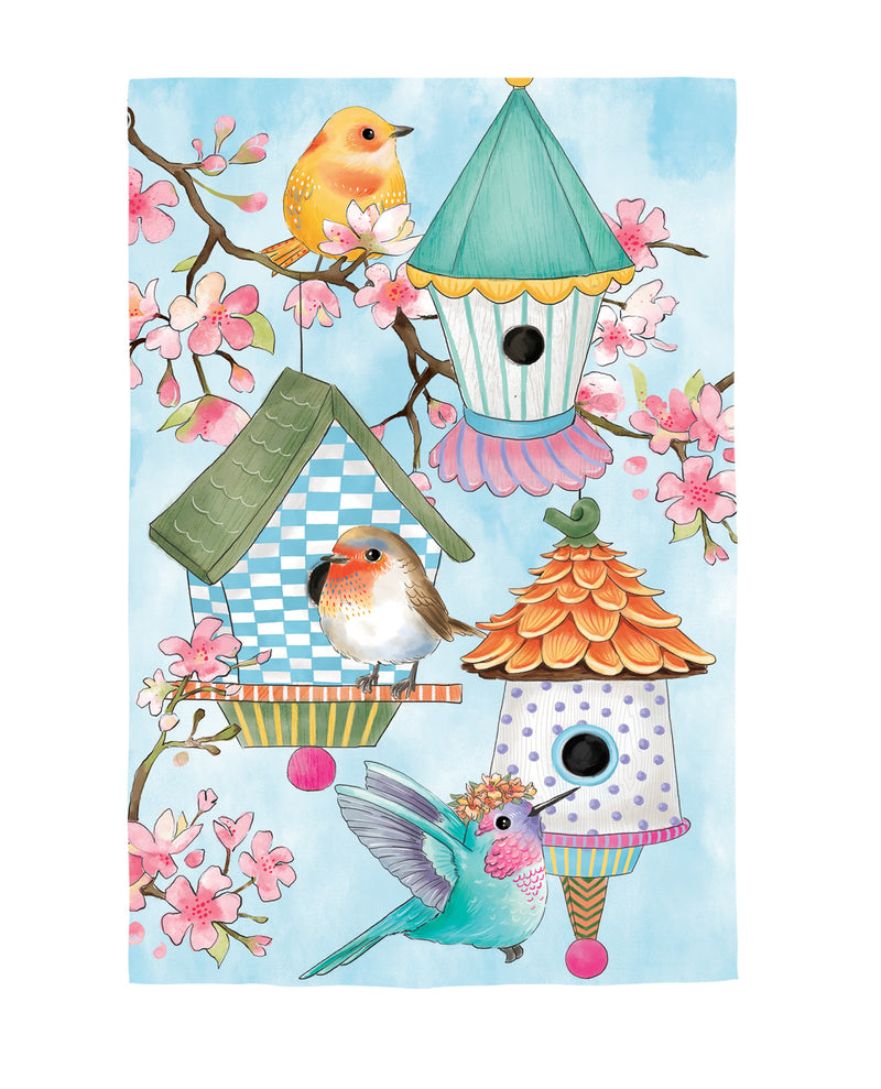 Bird House & Birds on Cherry Blossoms Linen Garden Flag,14l11791