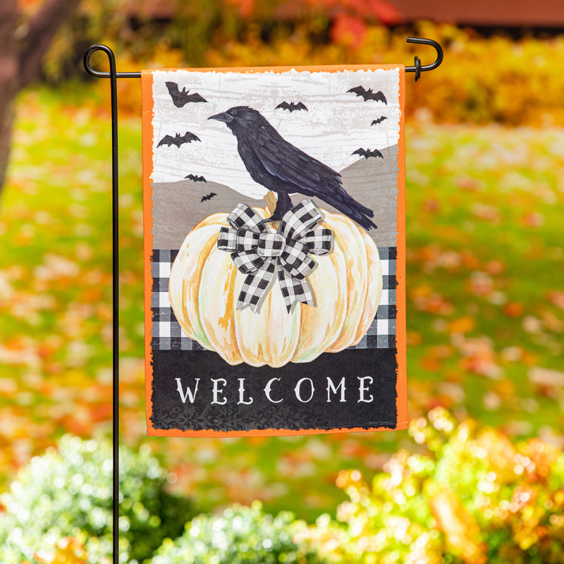 White Pumpkin with Black Crow Garden Suede Flag,14s10970