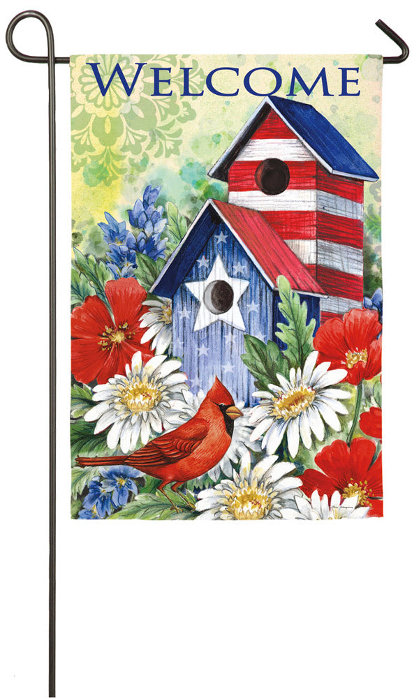 Patriotic Birdhouse & Cardinal Garden Sub Suede Flag,14s3665