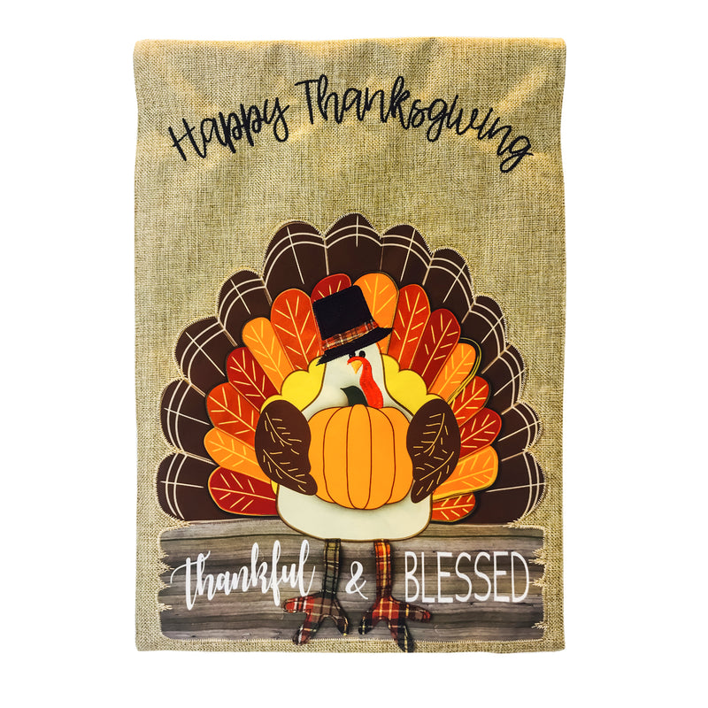 Thankful and Blessed Turkey Garden Burlap Flag,14b8315