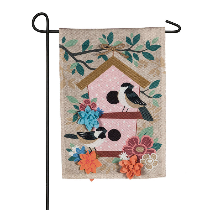 Evergreen Chickadee Dot Birdhouse Garden Burlap Flag, 18'' x 12.5'' inches