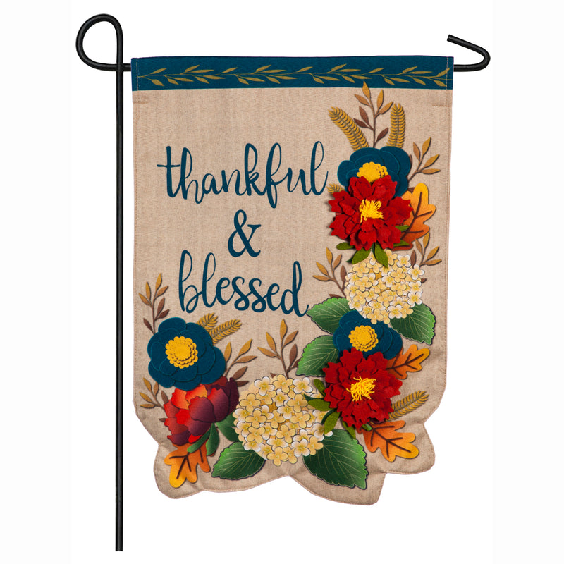 Thankful and Blessed Floral Garden Linen Flag,14l8663