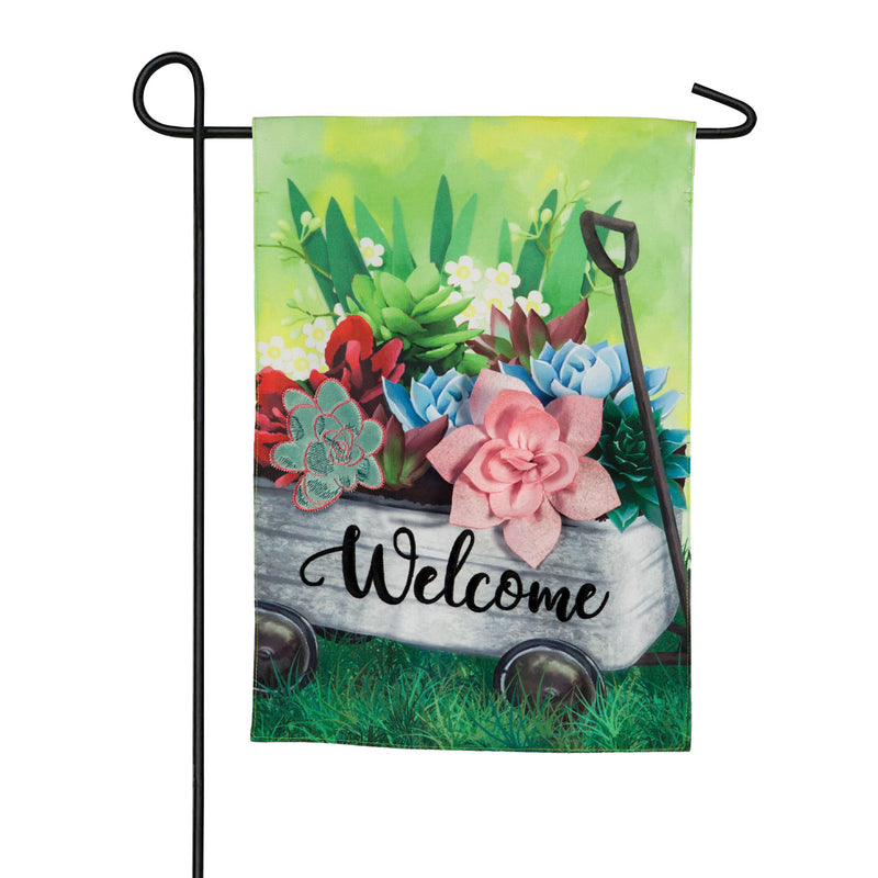 Galvanized Wagon with Succulents Garden Linen Flag,14l8897bl