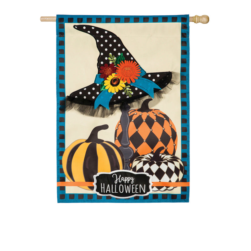 Witch Hat and Pumpkins House Applique Flag, 0.5"x28"inches