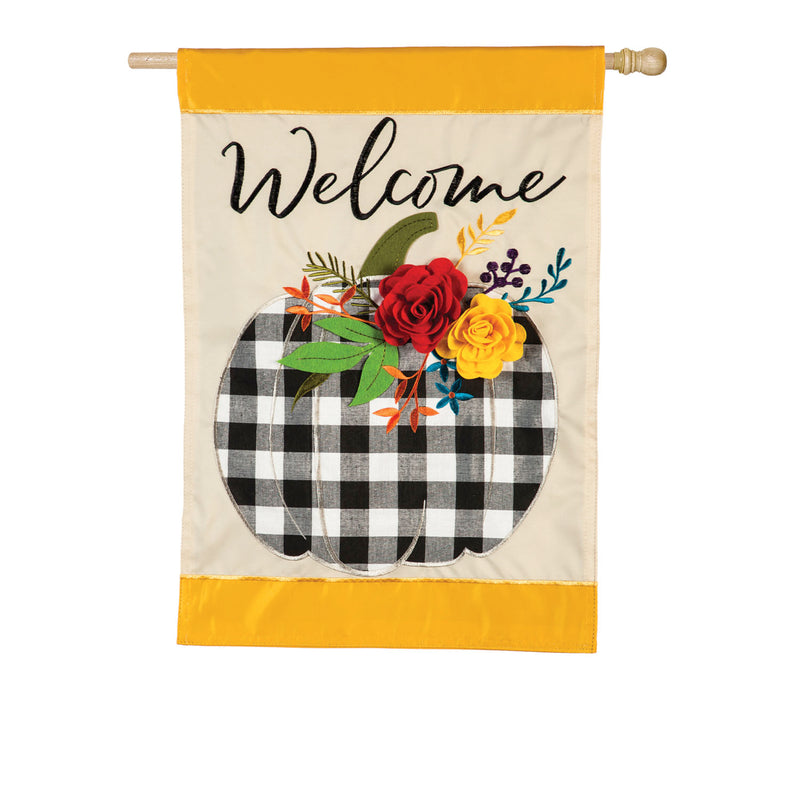 Evergreen Welcome Floral Plaid Pumpkin House Applique Flag, 44'' x 28'' inches