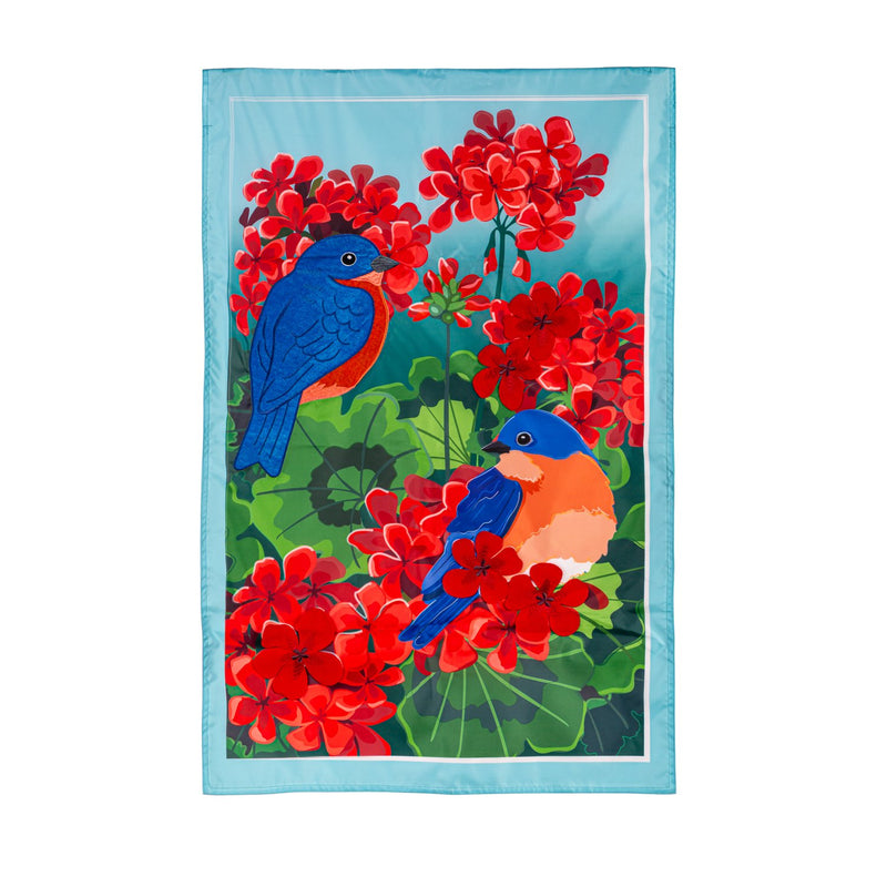 Bluebird in Red Geraniums Applique House Flag,159809