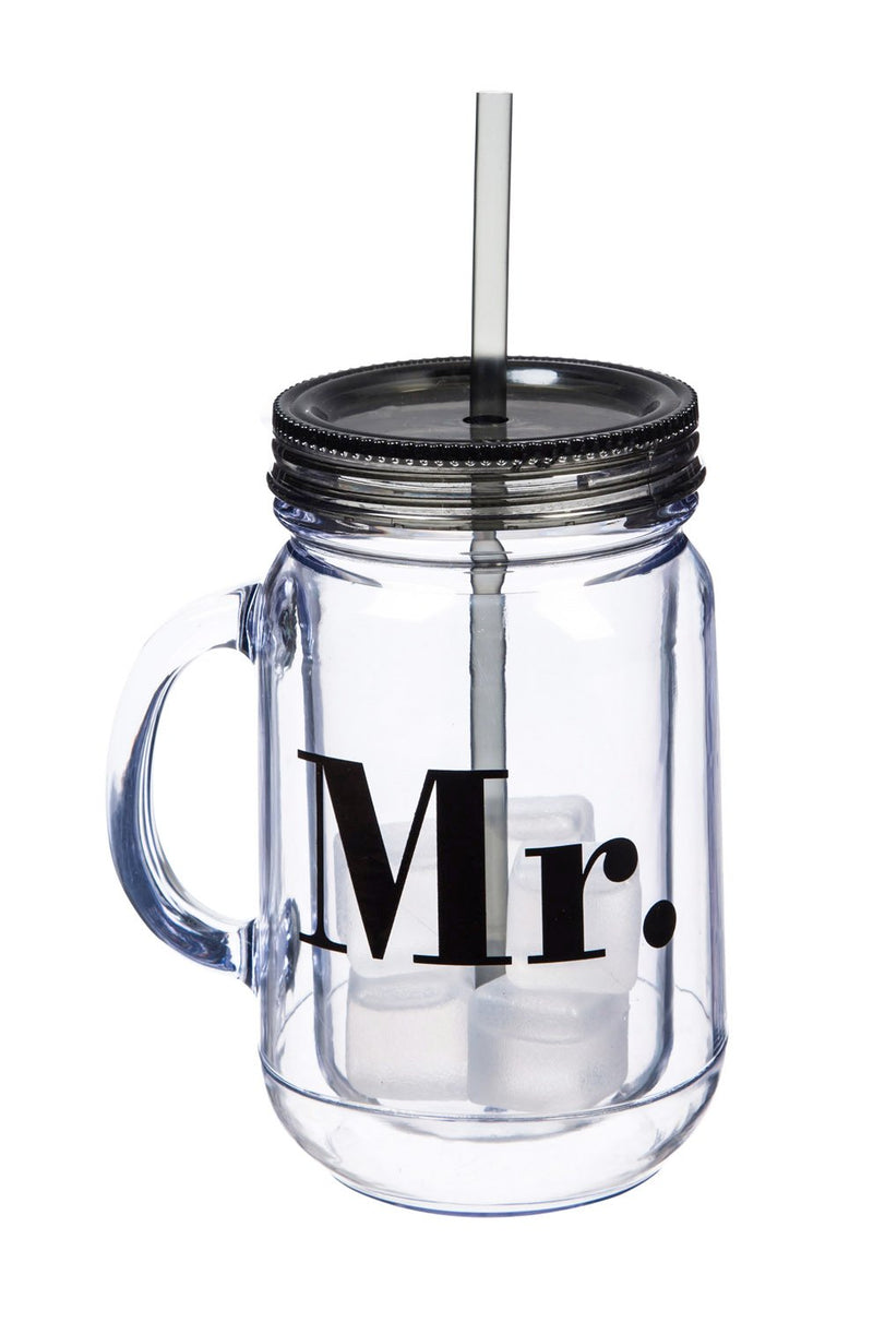 Acrylic Mason Jar, w/ straws and six clear ice cubes, 20 OZ, Set of 2, Mr. & Mrs. Script,2aj107