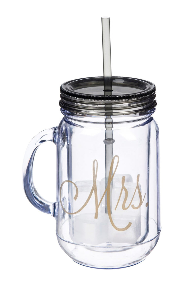 Acrylic Mason Jar, w/ straws and six clear ice cubes, 20 OZ, Set of 2, Mr. & Mrs. Script,2aj107