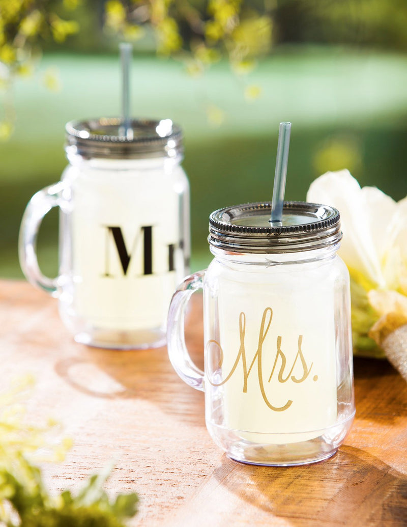 Acrylic Mason Jar, w/ straws and six clear ice cubes, 20 OZ, Set of 2, Mr. & Mrs. Script,2aj107