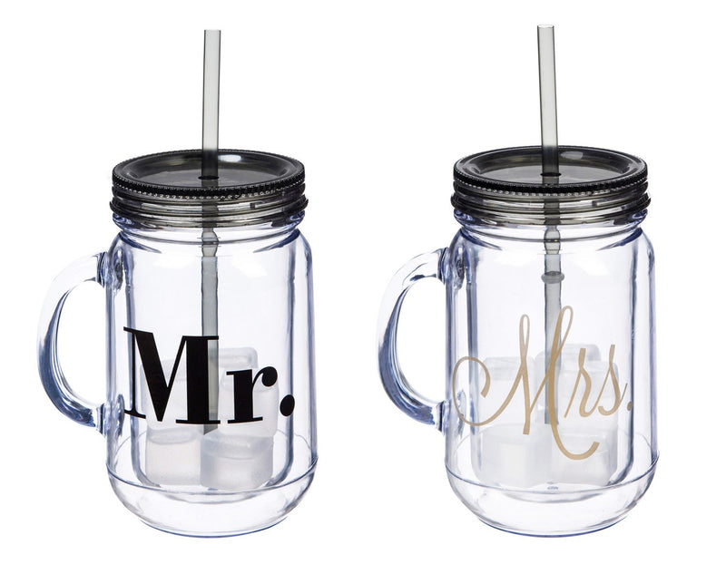 Acrylic Mason Jar, w/ straws and six clear ice cubes, 20 OZ, Set of 2, Mr. & Mrs. Script,2aj107