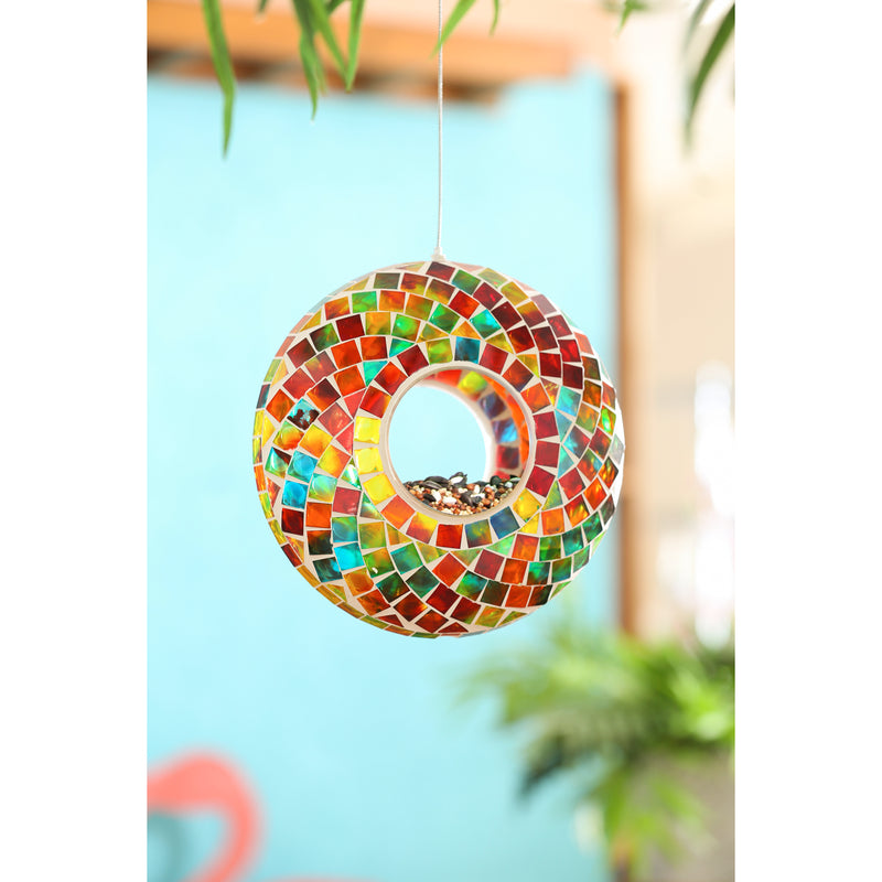 Evergreen Bird Feeder,9.25"D Acrylic Circle Feeder, Rainbow Mosaic Glass,3.5x9x9 Inches