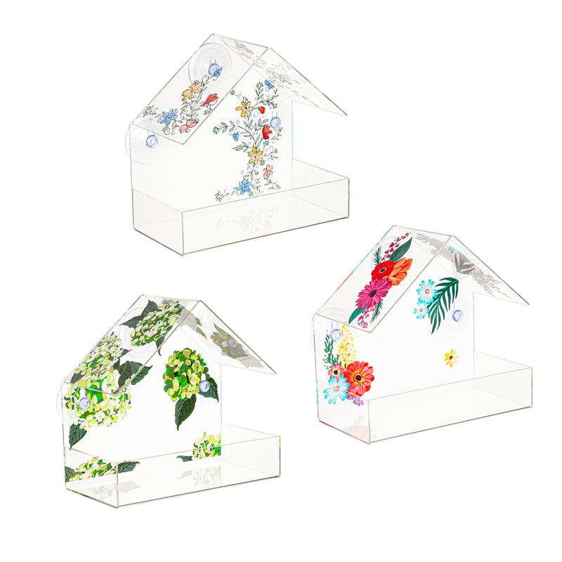 Evergreen Bird House,Printed Acrylic Window Bird Feeder, 3 Asst,4.53x8.86x8.46 Inches