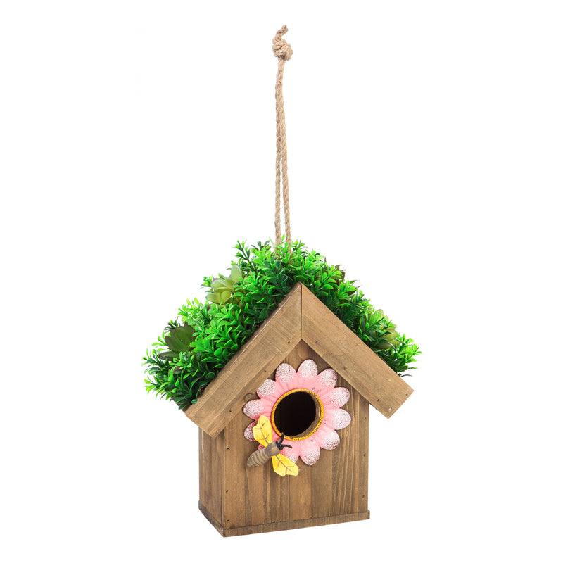 Evergreen Metal and Wood Bird House with Artificial Decorations, Red, 8.9'' x 10.2'' x 4.5''