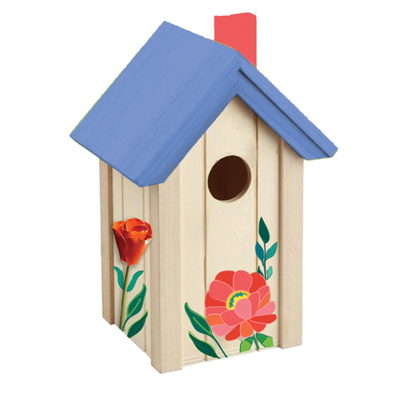 Wood Bird House with Raised Metal Flower, Red Tulip,2bh729