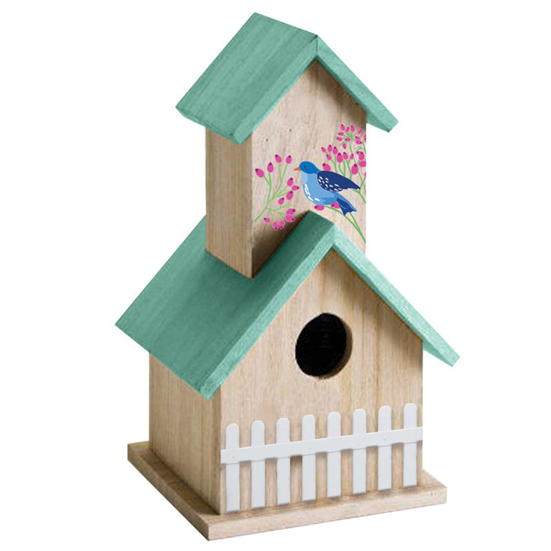 Wood Bird House with Raised Metal Fence, Blue Bird,2bh730