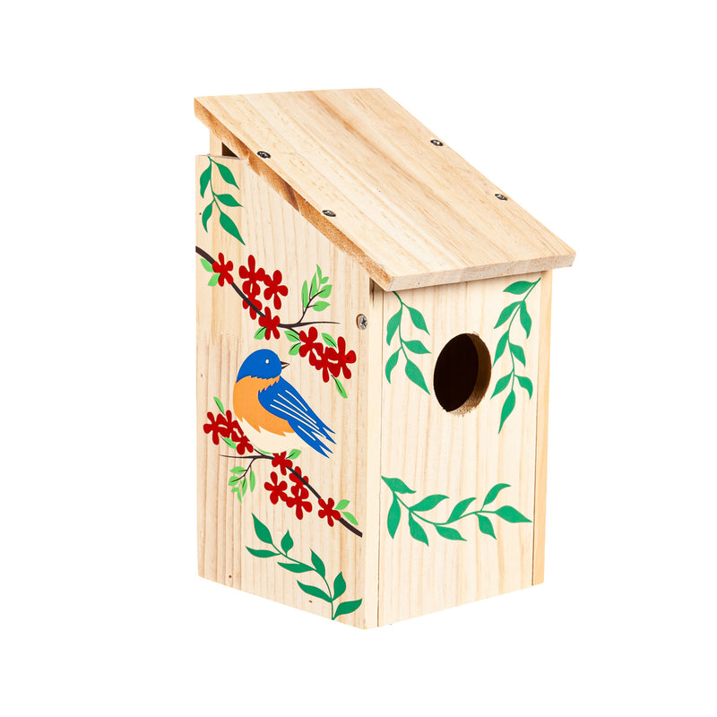 Evergreen Bird House,Bluebird Wood Bird House, Bluebird w/Red Flowers,4.7x5.3x9.3 Inches