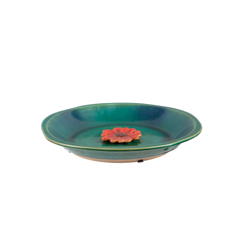 Evergreen Bird House,12" Bee Bath, Ceramic, Blue with Red Flower,12.4x12.4x1.77 Inches