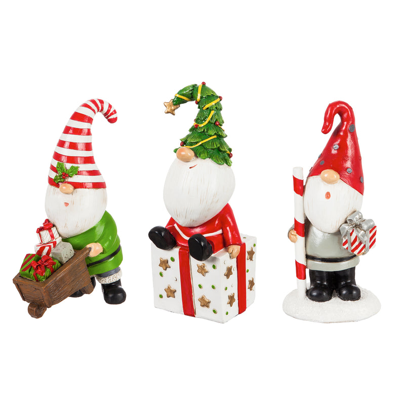 10"H Holiday Gnome with Presents Garden Statuary, 3 Asst,2cg329