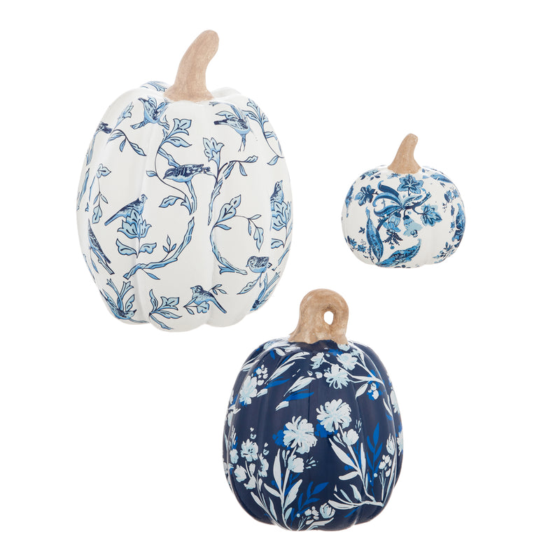 Set of 3 Printed Ceramic Pumpkins, Artisan Blues,2cg336