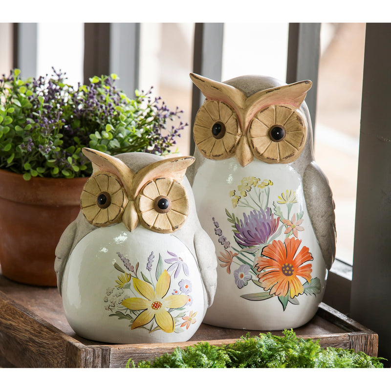 Evergreen Ceramic Wildflower Owl Garden Statuary, Set of 2, 9.5'' x 1.6'' x 1.6'' inches