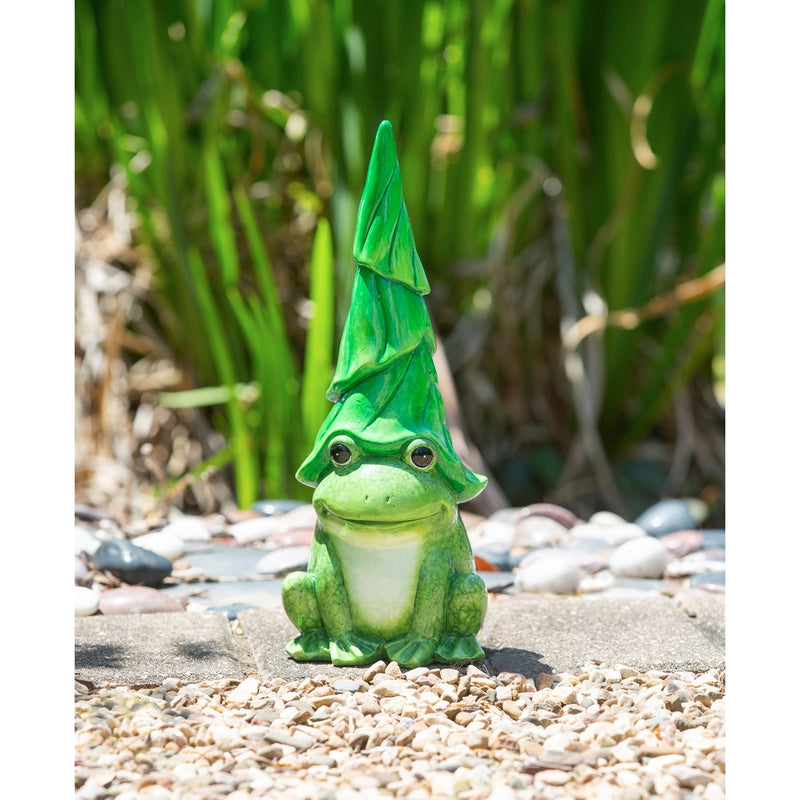 13"H Frog Gnome with Leaf Hat Garden Statuary, 5.51"x5.12"x13.39"inches