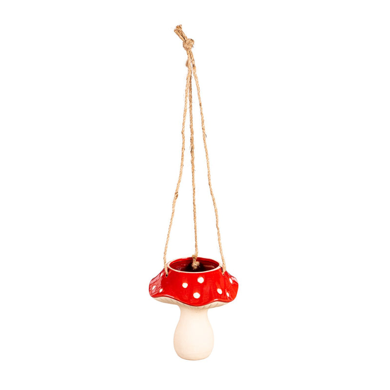 Evergreen Deck & Patio Decor,Red Mushroom Ceramic Hanging Planter,6.69x6.61x22.44 Inches