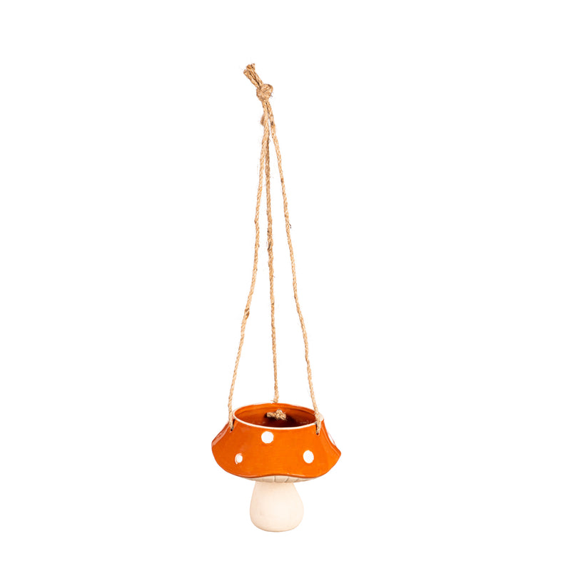 Evergreen Deck & Patio Decor,Orange Mushroom Ceramic Hanging Planter,6.5x6.5x22.44 Inches