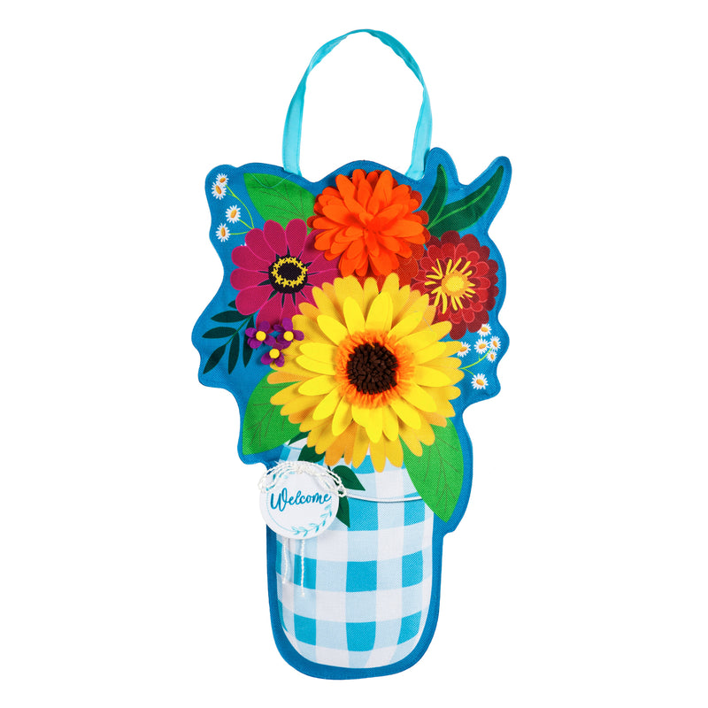 Plaid Mason Jar with Flowers Door Décor,2dhb1754