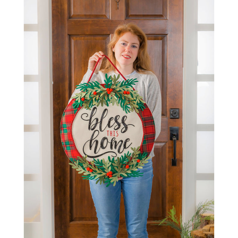 Evergreen Door Decor,Bless this Home Plaid Door Décor,20x0.5x20 Inches