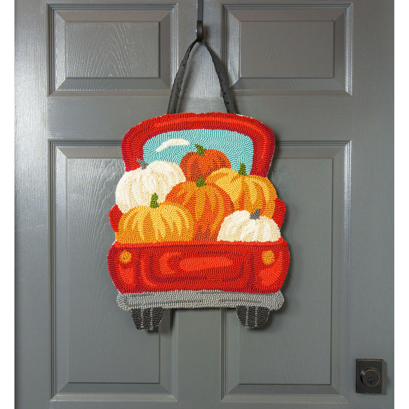Evergreen Door Decor,Red Truck with Pumpkins Hooked Door Décor,18x0.6x17 Inches