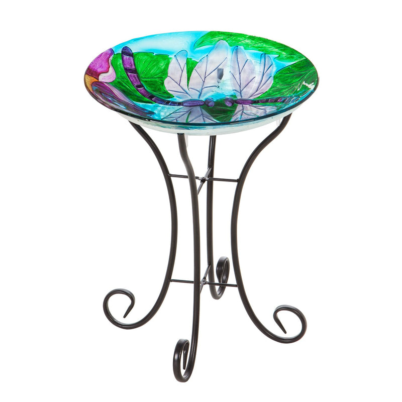 18" Solar Hand Painted Embossed Glass Bird Bath with Stand, Dragonfly Duo, 18"x18"x21"inches