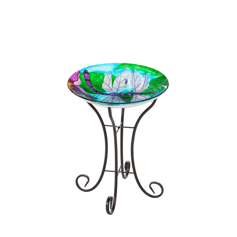 18" Solar Hand Painted Embossed Glass Bird Bath with Stand, Dragonfly Duo, 18"x18"x21"inches