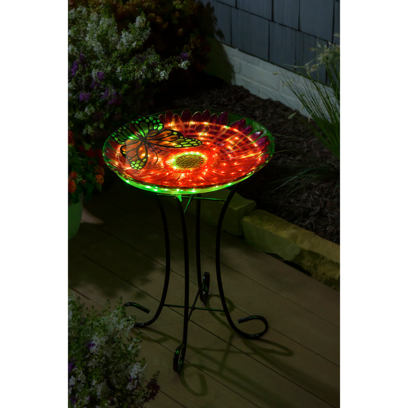 18" Solar Hand Painted Embossed Glass Bird Bath with Stand, Butterfly,2gb1186