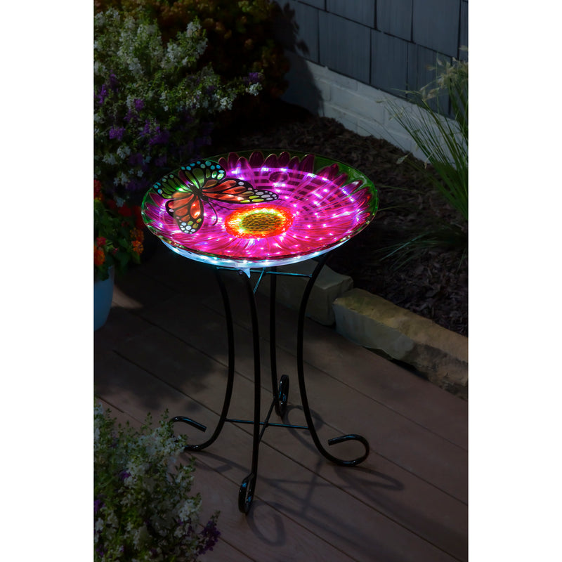 18" Solar Hand Painted Embossed Glass Bird Bath with Stand, Butterfly,2gb1186