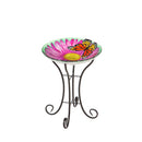 18" Solar Hand Painted Embossed Glass Bird Bath with Stand, Butterfly,2gb1186