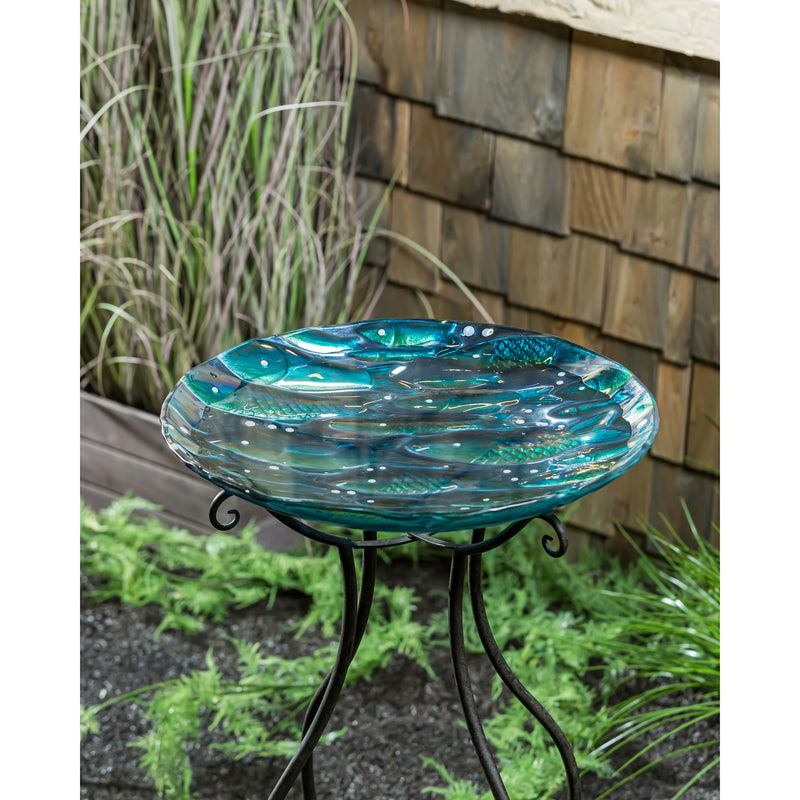 18" Hand Painted Embossed Glass Bird Bath, Metallic Fish,2gb1205