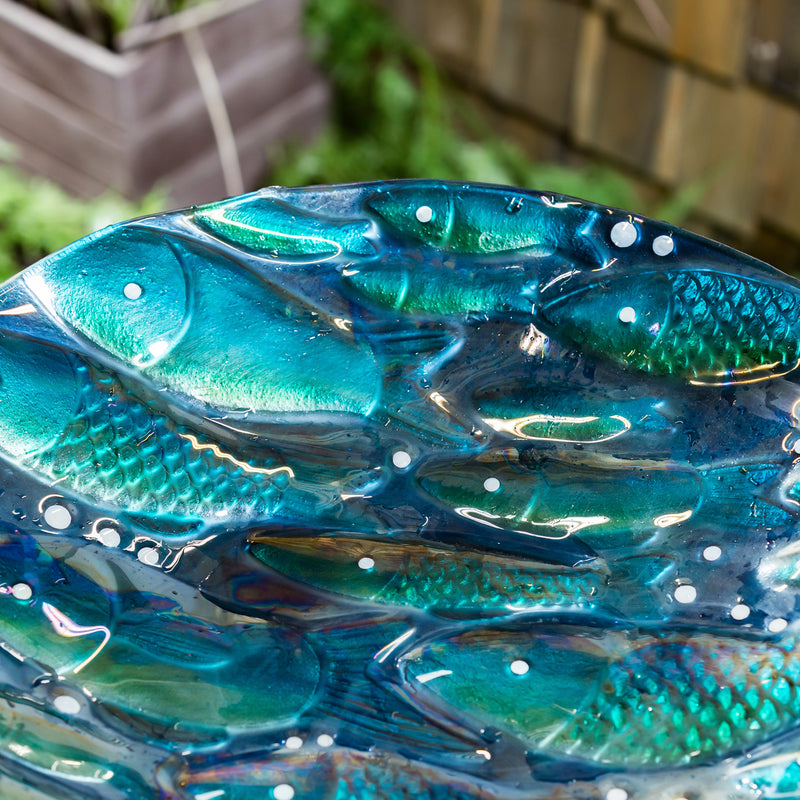 18" Hand Painted Embossed Glass Bird Bath, Metallic Fish,2gb1205