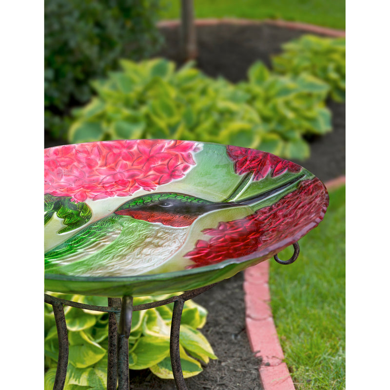 Evergreen 18" Hand Painted Embossed Glass Bird Bath, Hummingbird with Red Lupine Florals, 18.1'' x 18.1'' x 1.6''