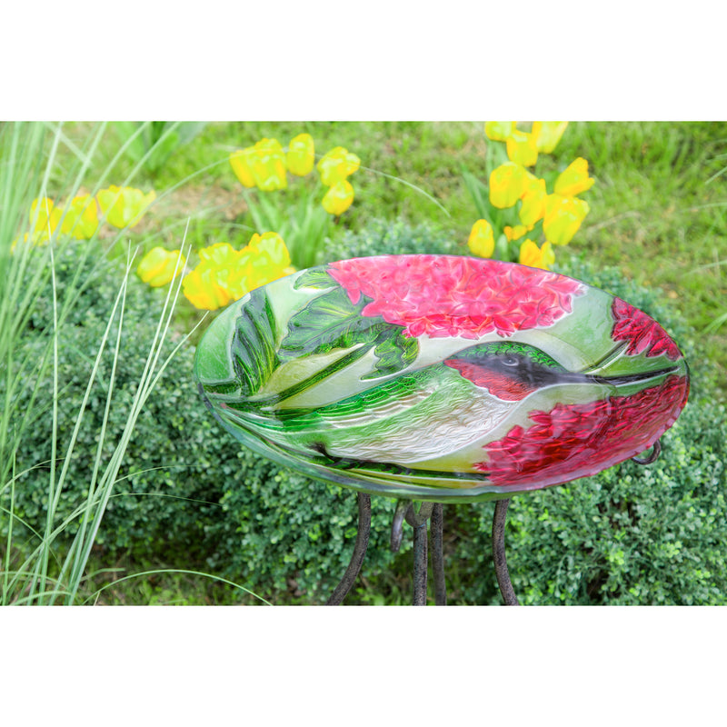 Evergreen 18" Hand Painted Embossed Glass Bird Bath, Hummingbird with Red Lupine Florals, 18.1'' x 18.1'' x 1.6''