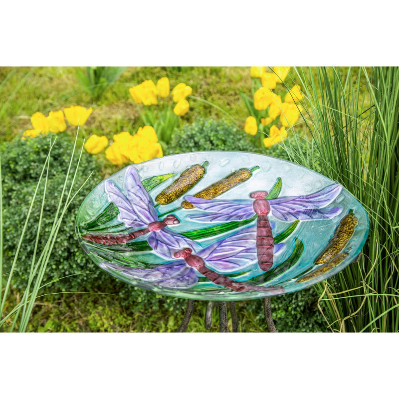 18" Hand Painted Bird Bath with Crushed Glass, Dragonflies over Cattails, 18.11"x18.11"x1.57"inches