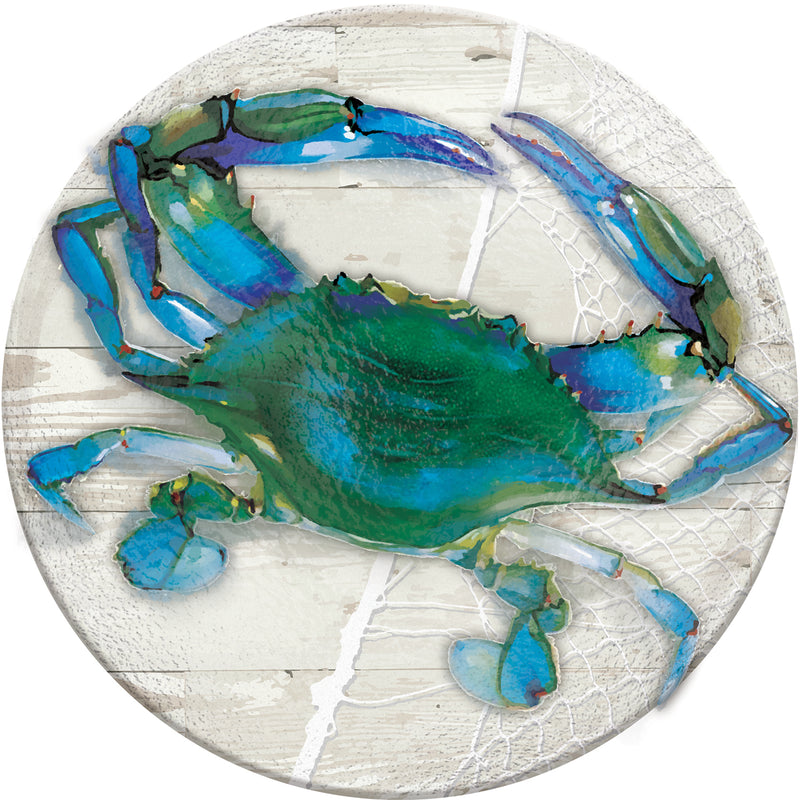 Evergreen 18" Hand Painted Embossed Glass Bird Bath, Blue Crab, 18'' x 18'' x 2''